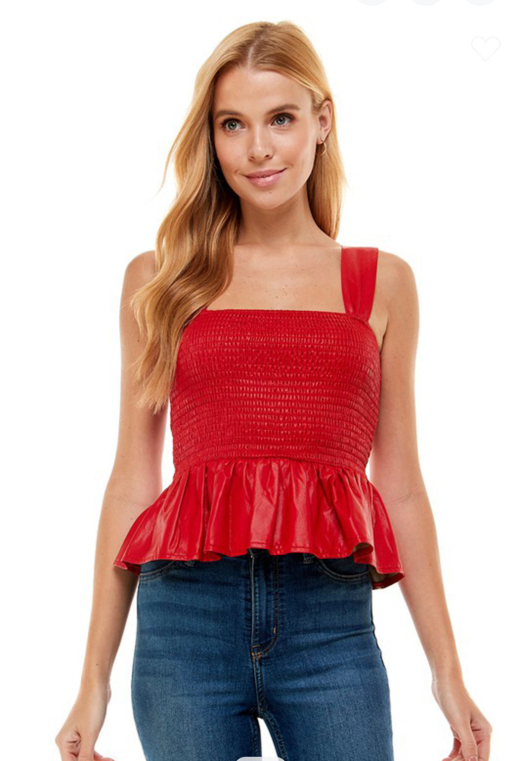Red Leather Smocked Peplum Top