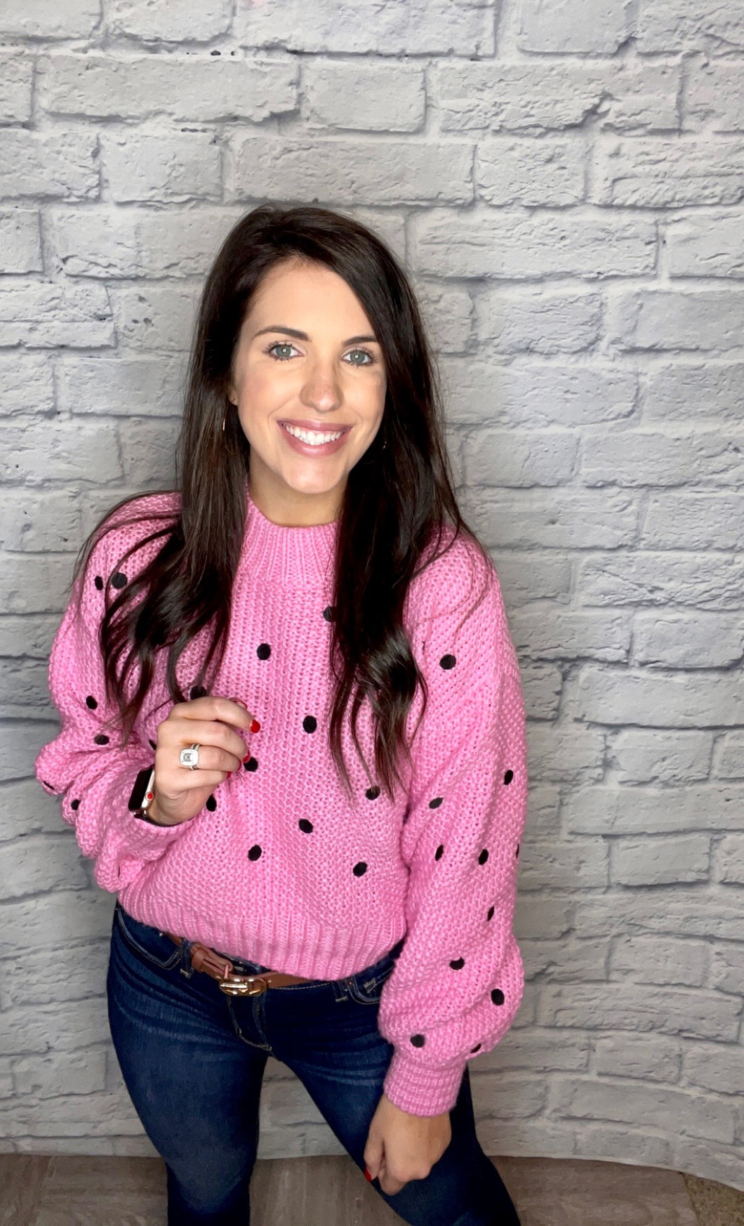 Pink Minnie Embroidered Dot Sweater