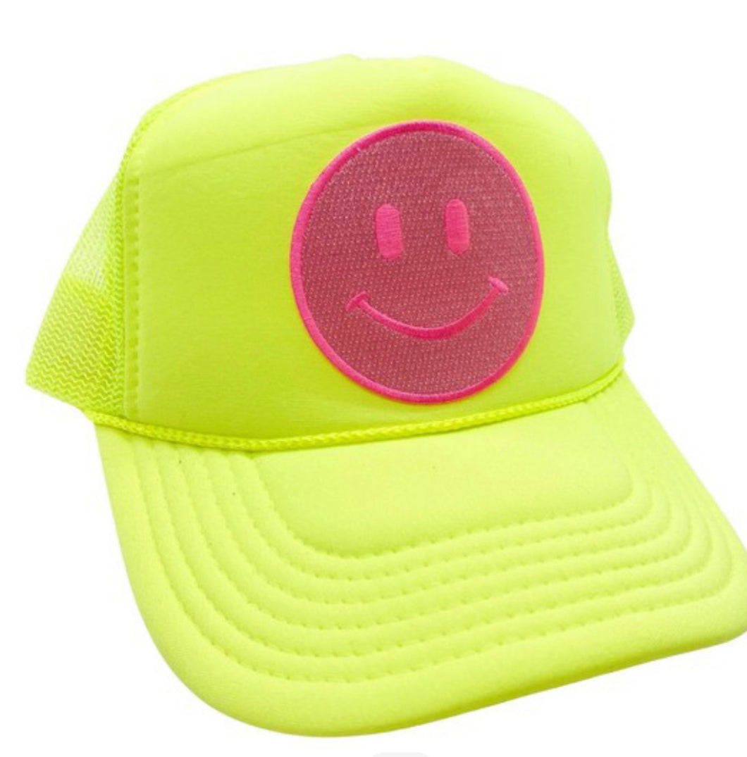 Neon Yellow and Pink Smiley Trucker Hat